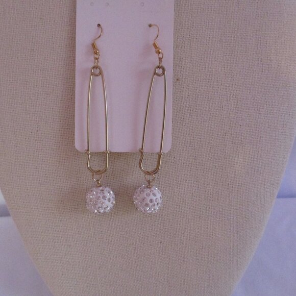 Pin Hook Earrings White Pave Balls GOLDTONE Free Gift Box - Picture 2 of 4